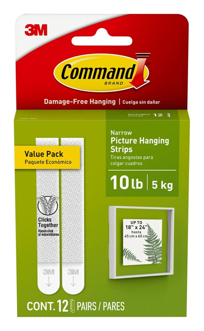 Command 10 lb Narrow Picture Hanging Strips 12 Pairs (24 Strips), Damage-Free Hanging Picture Hangers, No Tools Wall Hanging Strips for Christmas Decorations - Image 1